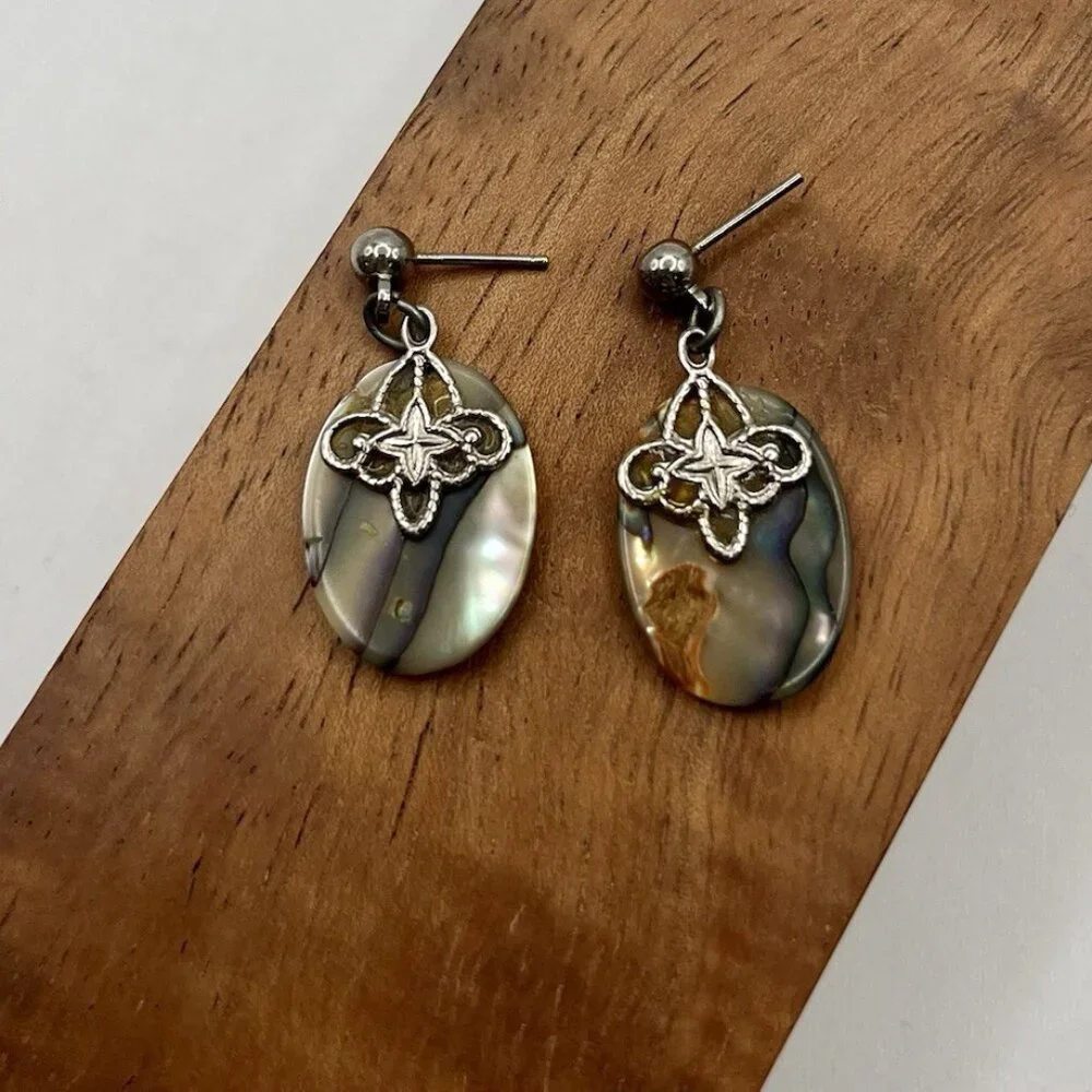 Abalone Shell Dangle Earrings Fleur De Lis Drop Iridescent Boho Coastal Beach